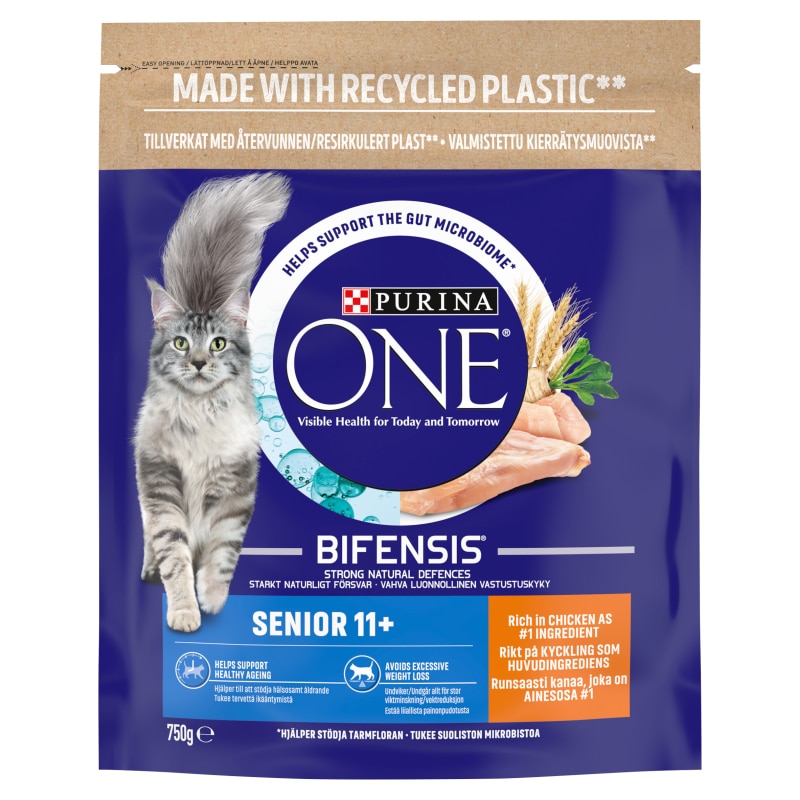 Purina One Purina One 11 Plus Chicken Senior Dry Cat pet food packaging